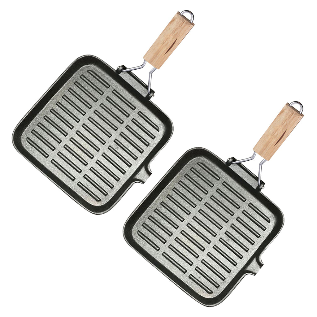 NNEAGS 2X 28cm Ribbed Cast Iron Square Steak Frying Grill Skillet Pan with Folding Wooden Handle