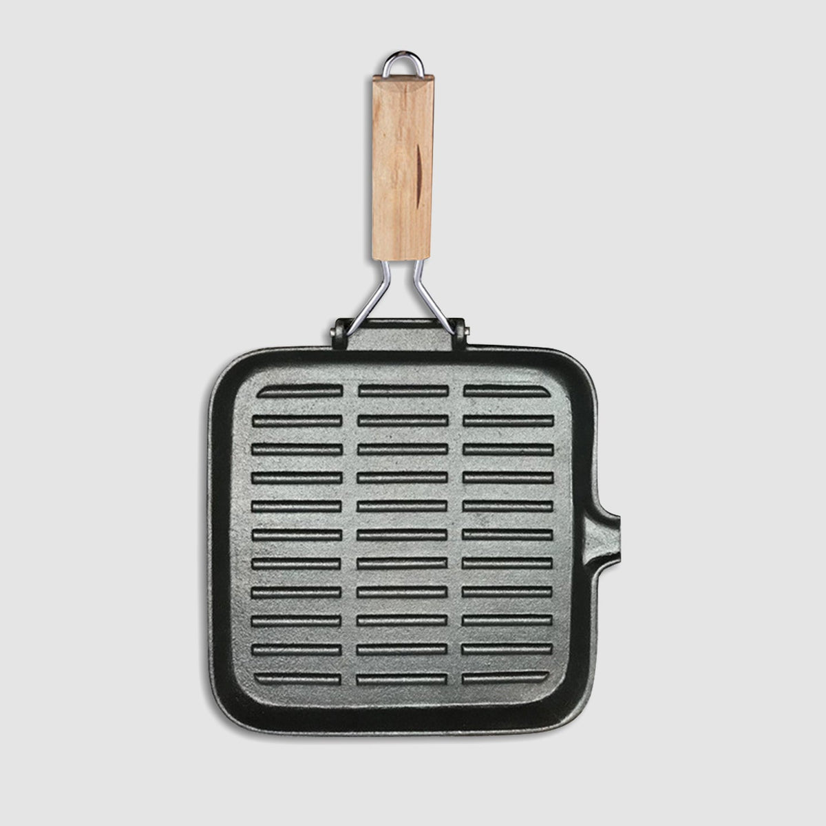 NNEAGS 2X 28cm Ribbed Cast Iron Square Steak Frying Grill Skillet Pan with Folding Wooden Handle