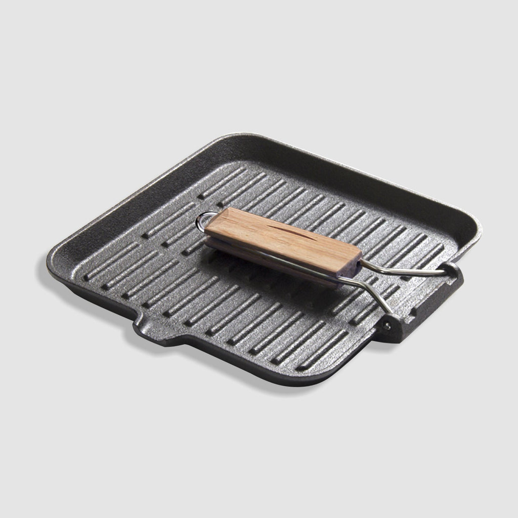 NNEAGS 2X 28cm Ribbed Cast Iron Square Steak Frying Grill Skillet Pan with Folding Wooden Handle