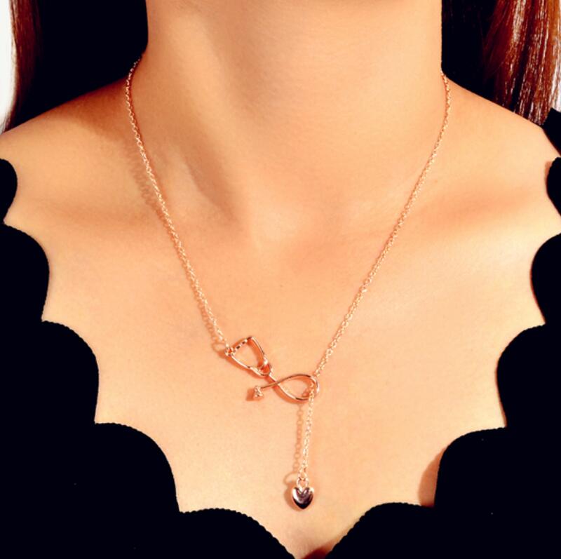Minimalist Jewelry Trendy Gold Silver Stethoscope Heart Pendant Y shape Necklace