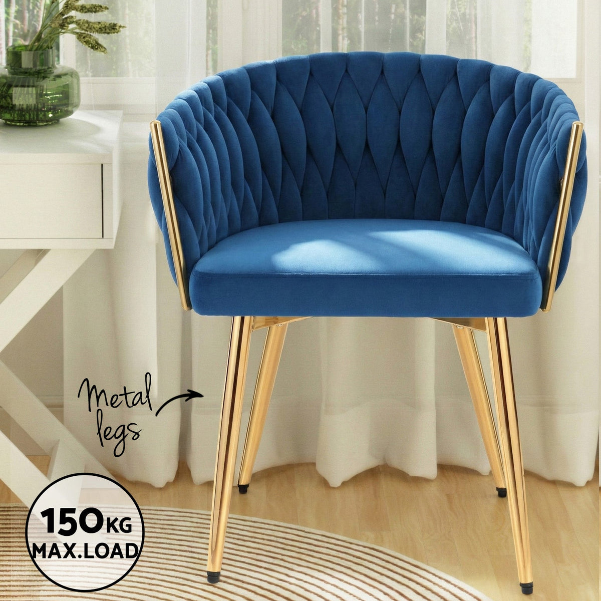1 Set of 4 Artiss Dining Chairs Velvet Weaving Armchair Blue