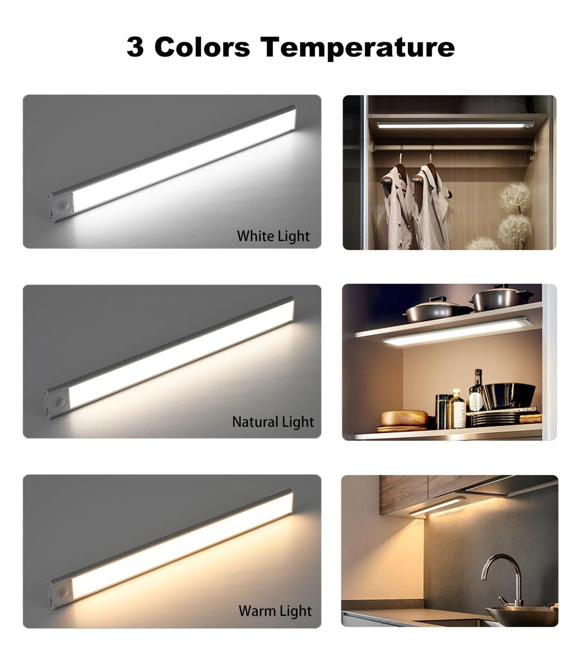 60cm silver LED light strip, wireless magnetic under-cabinet lighting, USB rechargeable, suitable for wardrobes, kitchens, and hallways.