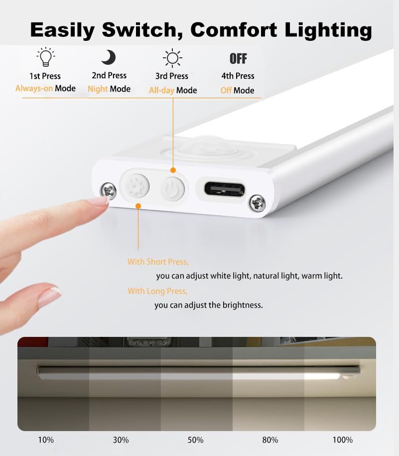 60cm silver LED light strip, wireless magnetic under-cabinet lighting, USB rechargeable, suitable for wardrobes, kitchens, and hallways.