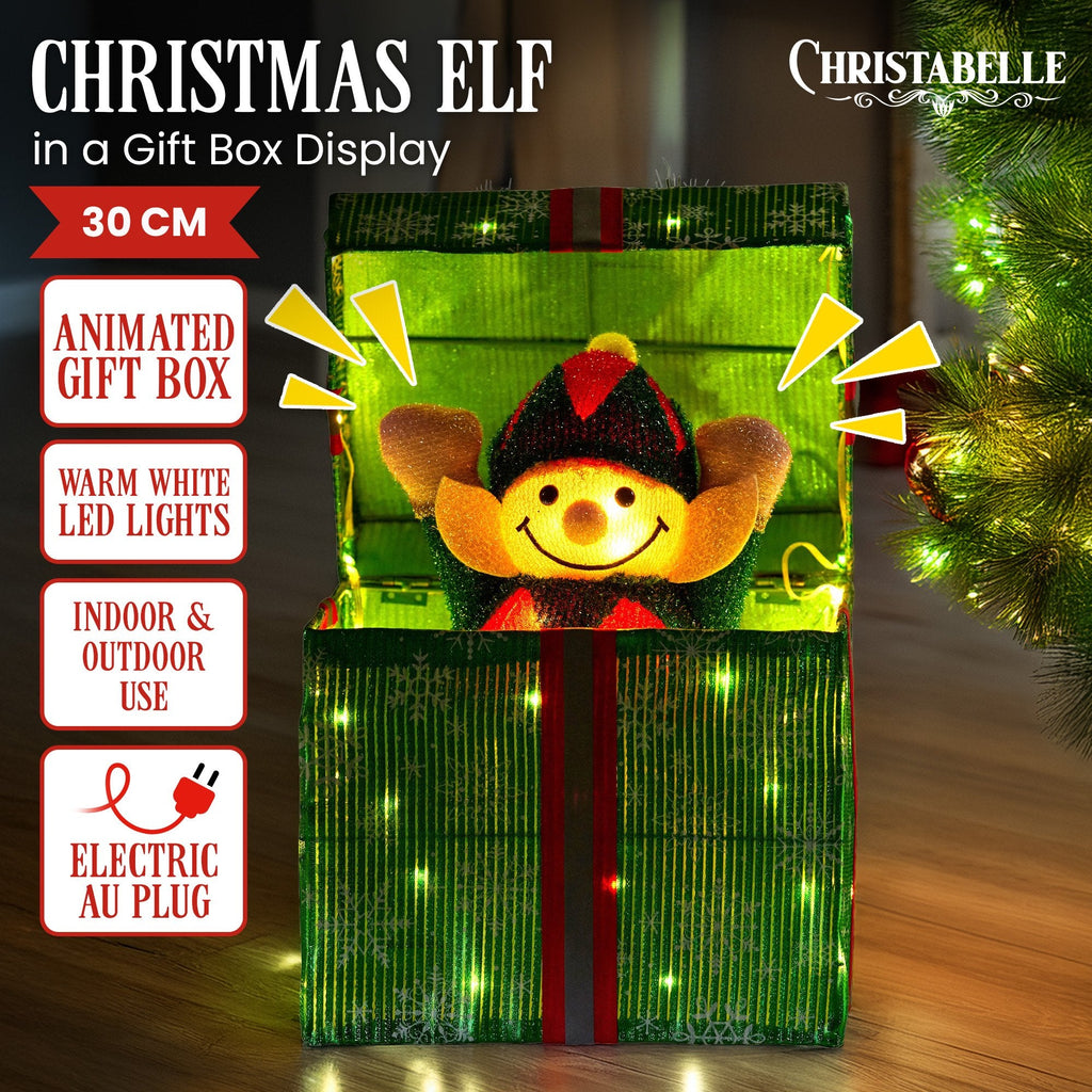 NNEDSZ Christabelle Animated Elf Gift Box Led Lights Christmas Tree Decoration Ornament