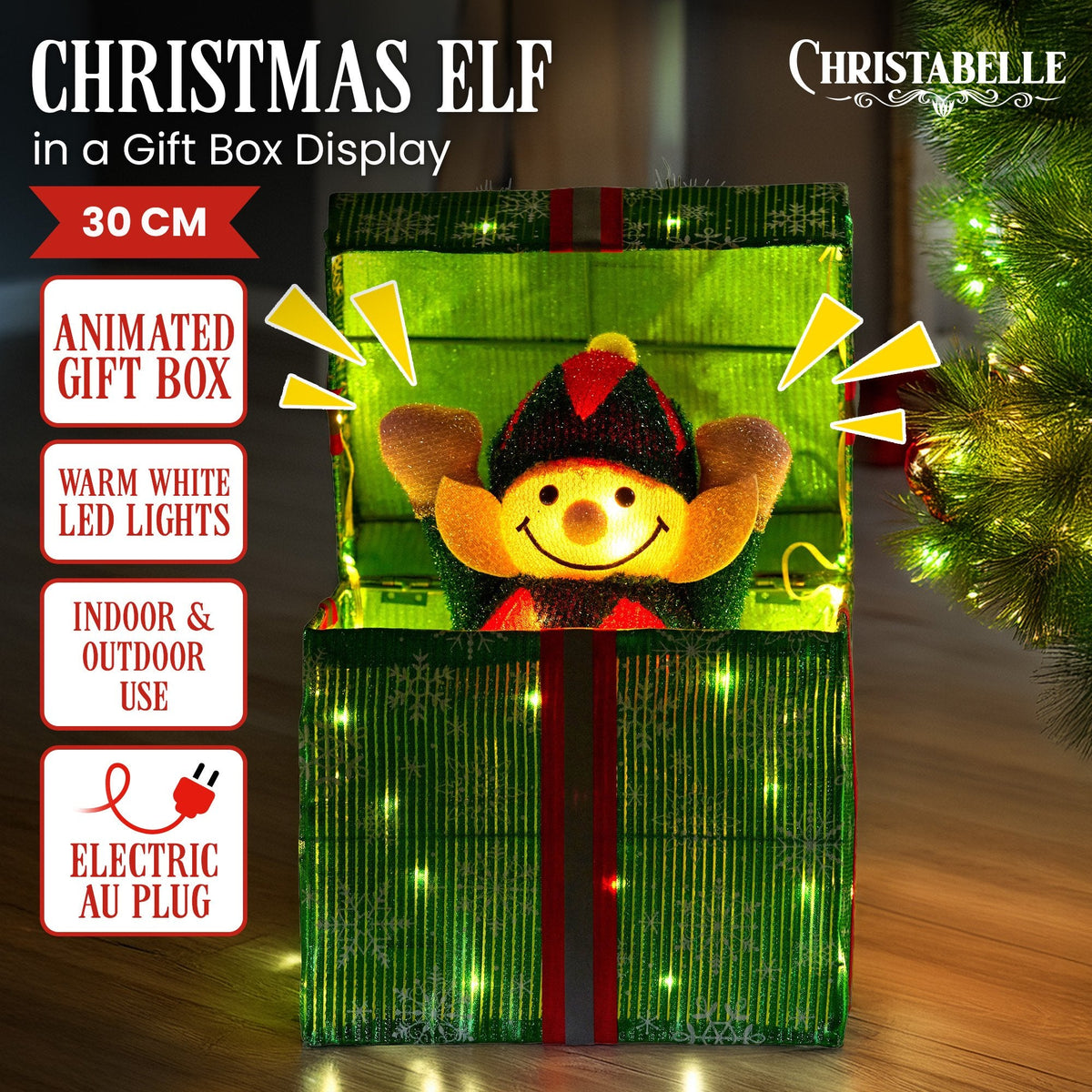 NNEDSZ Christabelle Animated Elf Gift Box Led Lights Christmas Tree Decoration Ornament