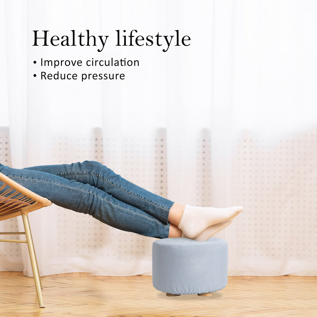NNEDSZ Light Blue Fabric Ottoman Round Wooden Leg Foot Stool