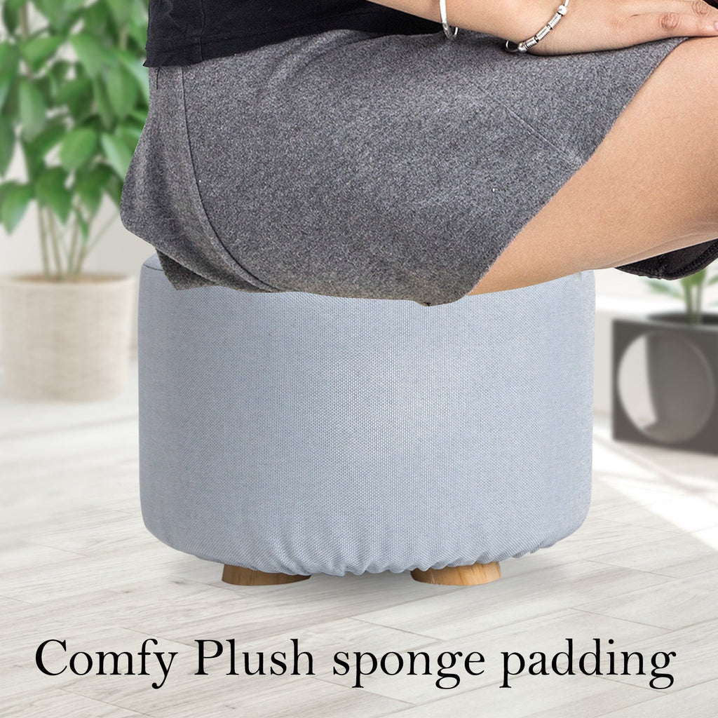 NNEDSZ Light Blue Fabric Ottoman Round Wooden Leg Foot Stool