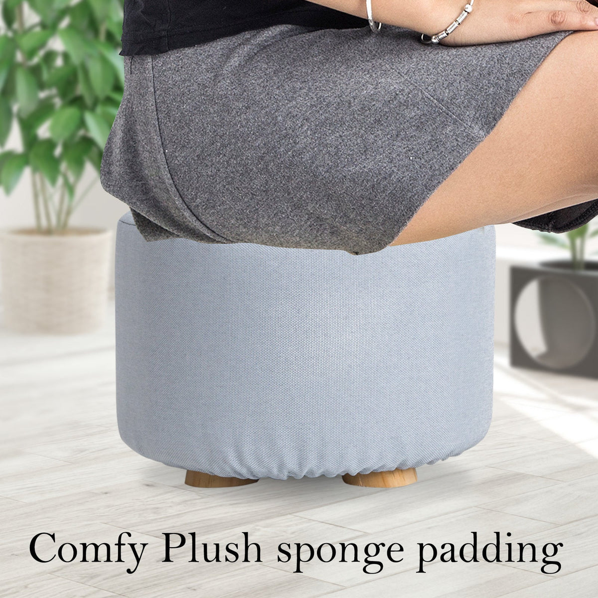 NNEDSZ Light Blue Fabric Ottoman Round Wooden Leg Foot Stool