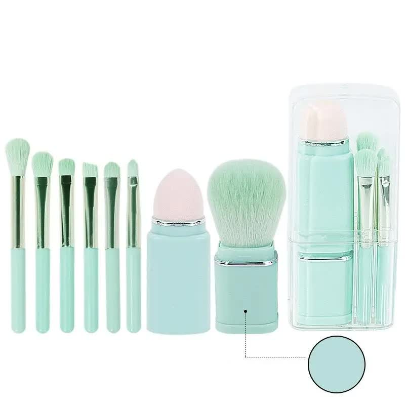 NNEDSZ Green 8-in-1 Retractable Mini Makeup Brush Set with Protective Cover - Compact Design for Travel and On-the-Go Touchups