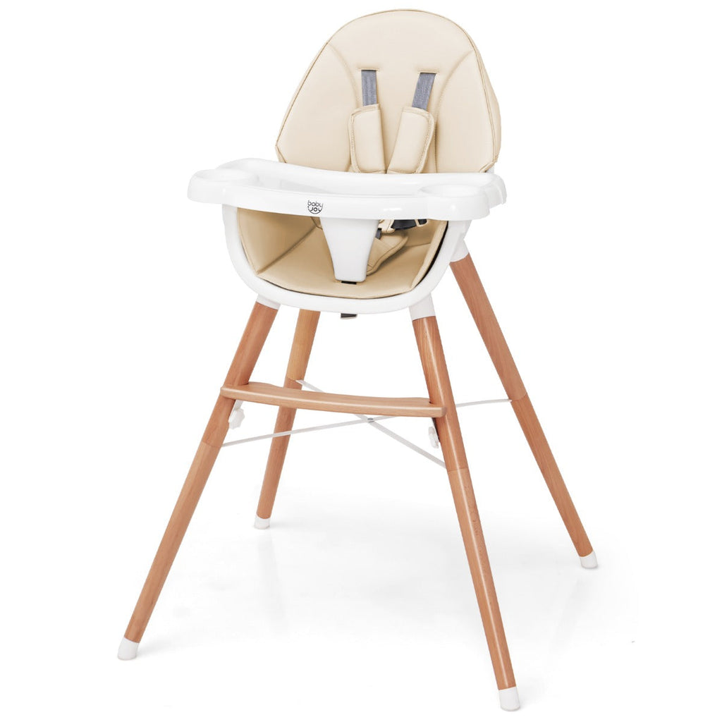 NNECW Wooden High Chair with Double 4-Gear Tray for Babies-Beige