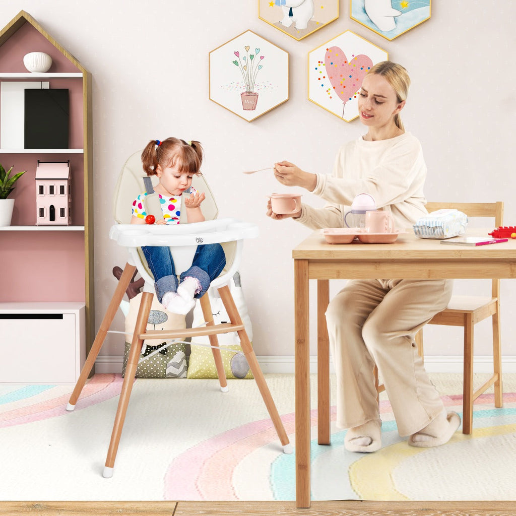 NNECW Wooden High Chair with Double 4-Gear Tray for Babies-Beige