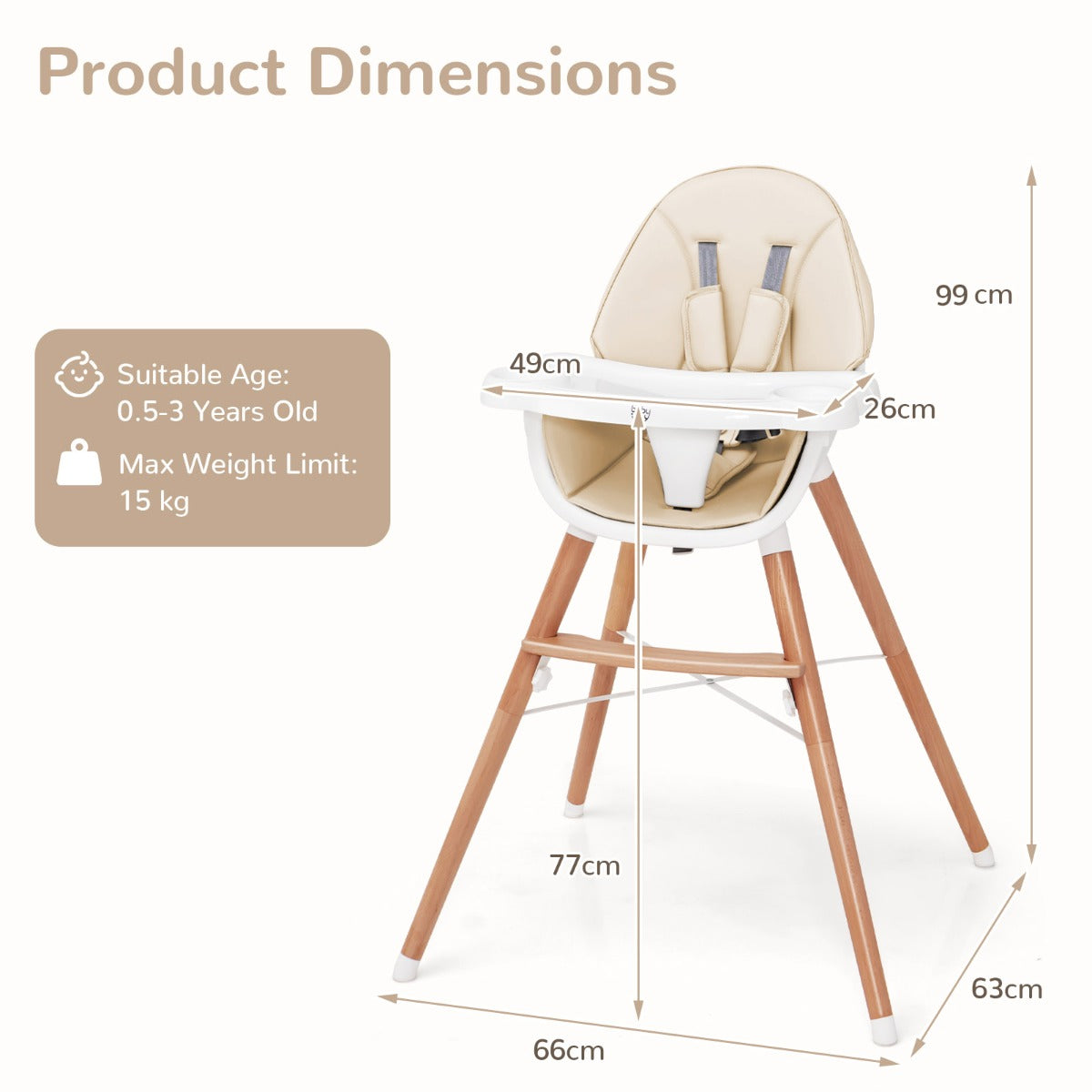 NNECW Wooden High Chair with Double 4-Gear Tray for Babies-Beige