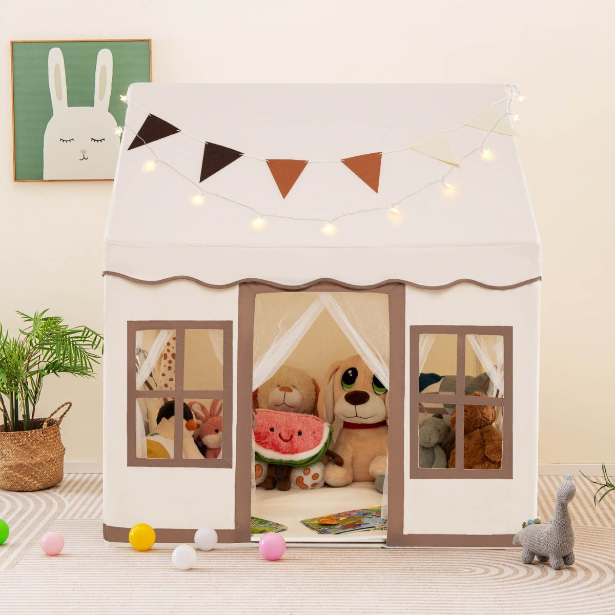 NNECW Kids Play Castle Tent with Star Lights and Washable Velvet Mat-Brown