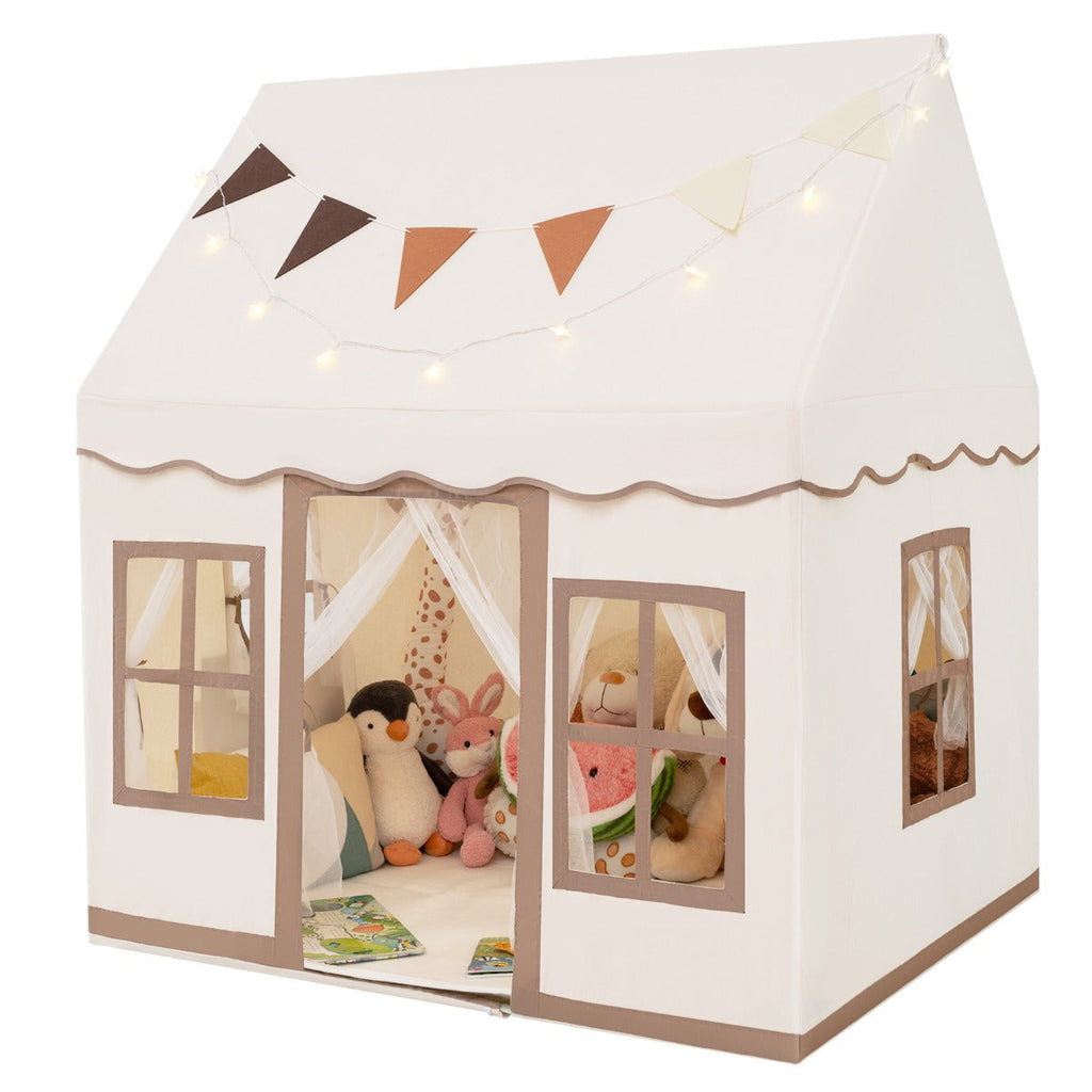 NNECW Kids Play Castle Tent with Star Lights and Washable Velvet Mat-Brown