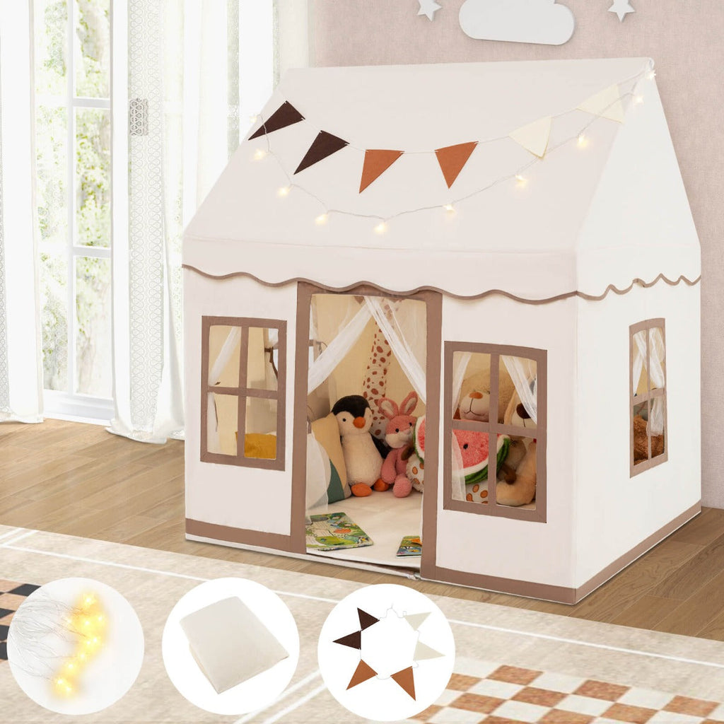 NNECW Kids Play Castle Tent with Star Lights and Washable Velvet Mat-Brown
