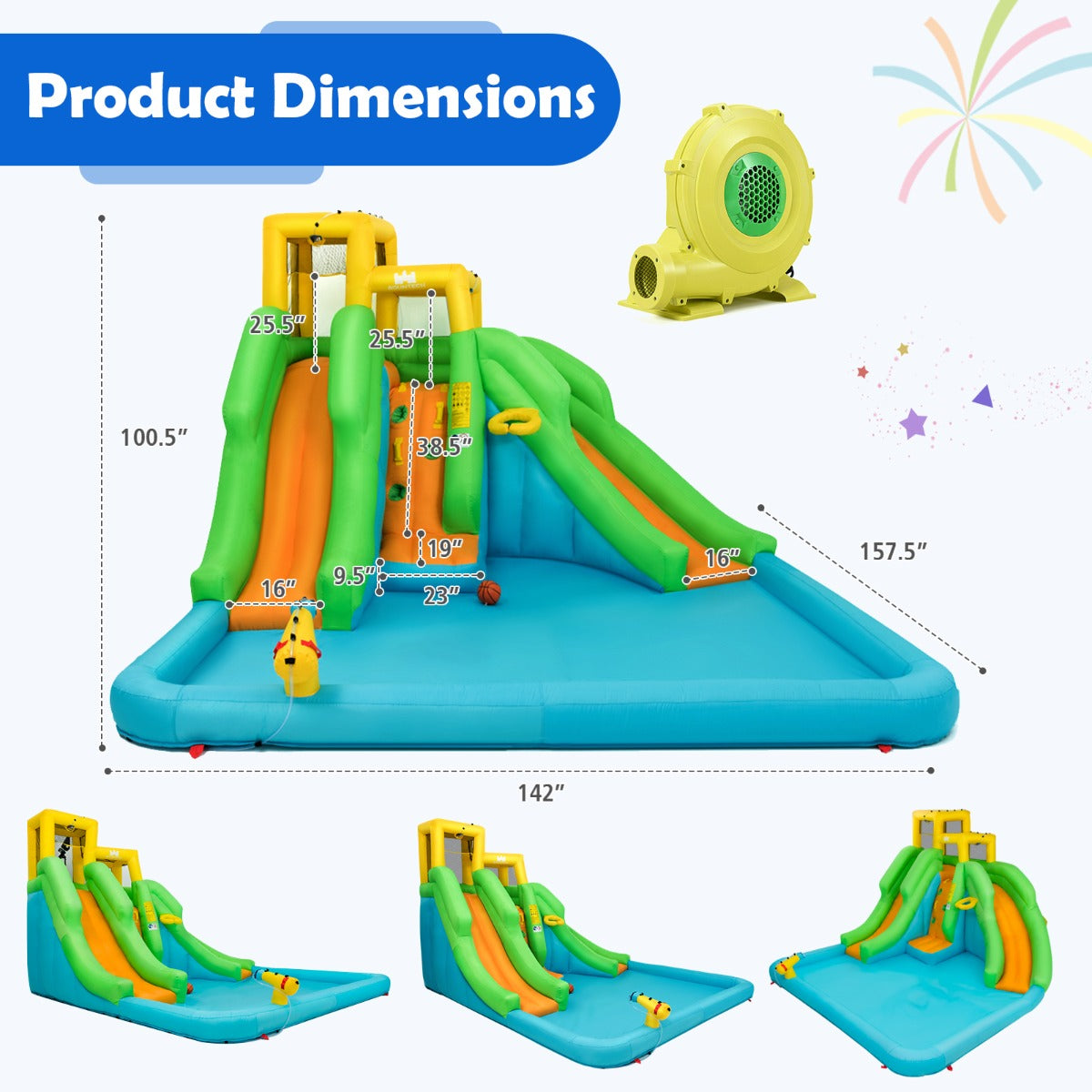 NNECW Inflatable Water Park with Two Slides for Outdoor Play with Blower