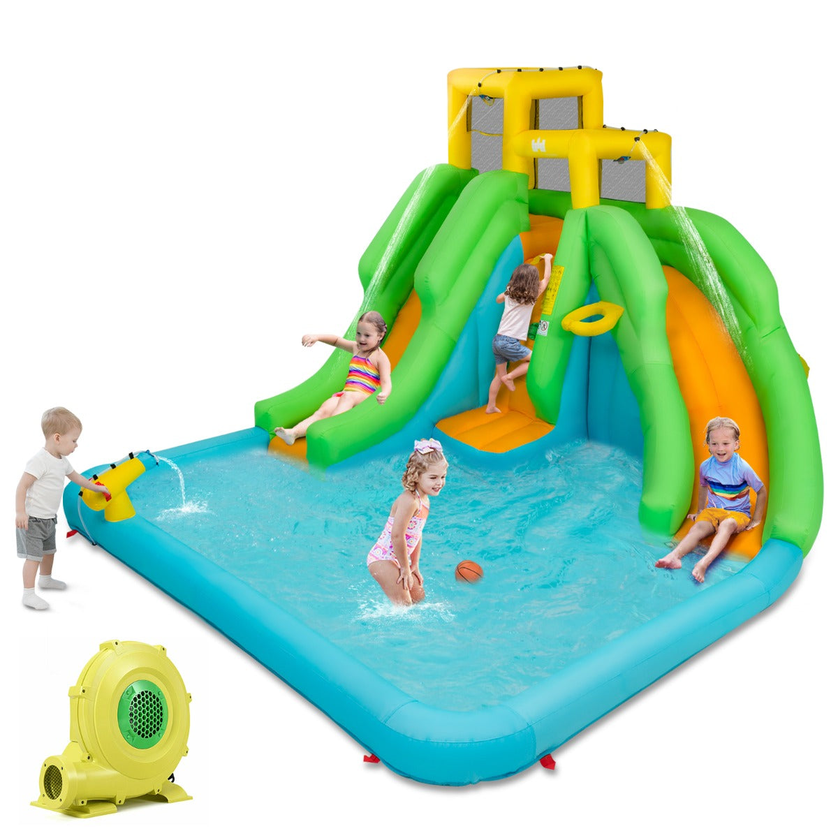 NNECW Inflatable Water Park with Two Slides for Outdoor Play with Blower